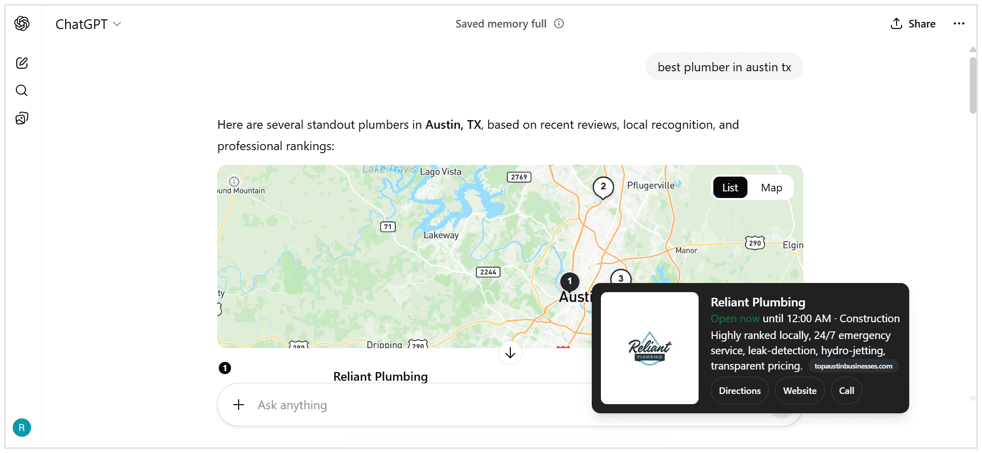 Best plumber search on ChatGPT